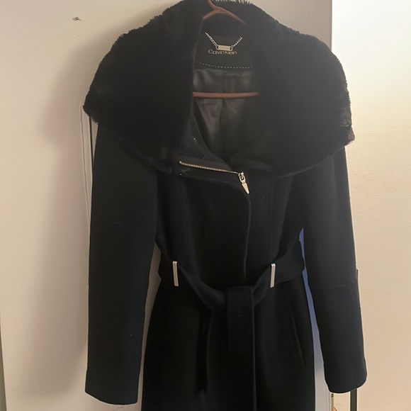 Calvin Klein wool blend belted coat with faux fur hood size small - Picture 3 of 10